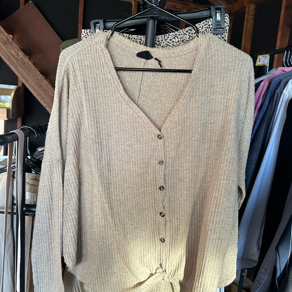 Beige Ribbed Button-Front Knit Top